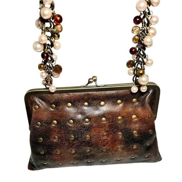 Liz Soto Handbag Brass studded Leather with Pearl & Bead Embellished chain New - Picture 1 of 8